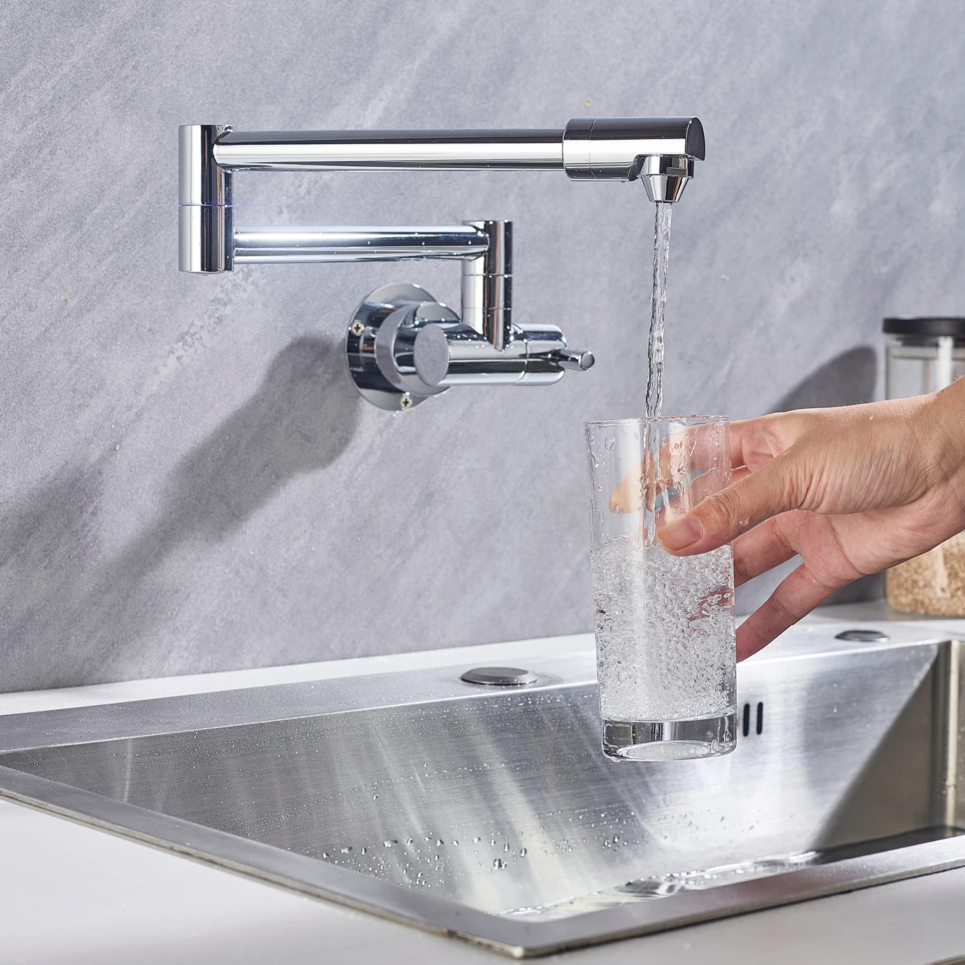 

One Hole Kitchen Folding Sink Faucet Wall Mounted Single Cold Pot Filler Taps Swing Arm Stove Pot Filler Faucets Chrome