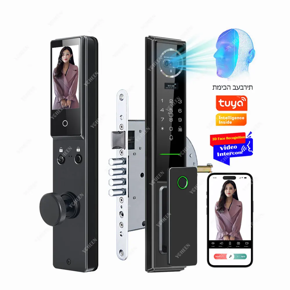 Israel Tuya Wifi App Electronic Door Lock 3d Face Fingerprint Recognition Video Intercom Smart Digital Lock Key Card Hebrew Lock