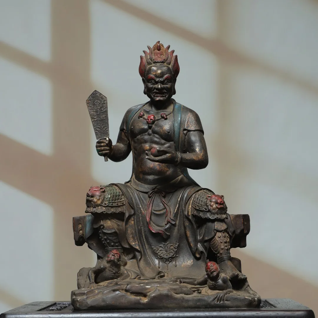 16"China Collections Old Bronze Gilded Cinnabar Mianran Bodhisattva Mianran Ghost King Kinnara Sitting Buddha Worship Hall