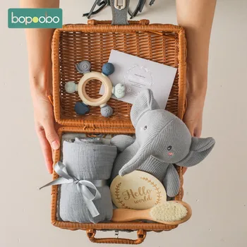 Juego de baño para bebé, tarjeta de hitos mensuales para chico, Toalla de baño para bebé, manta de algodón, cepillo, muñeco de Animal de ganchillo, sonajero, regalo de Navidad