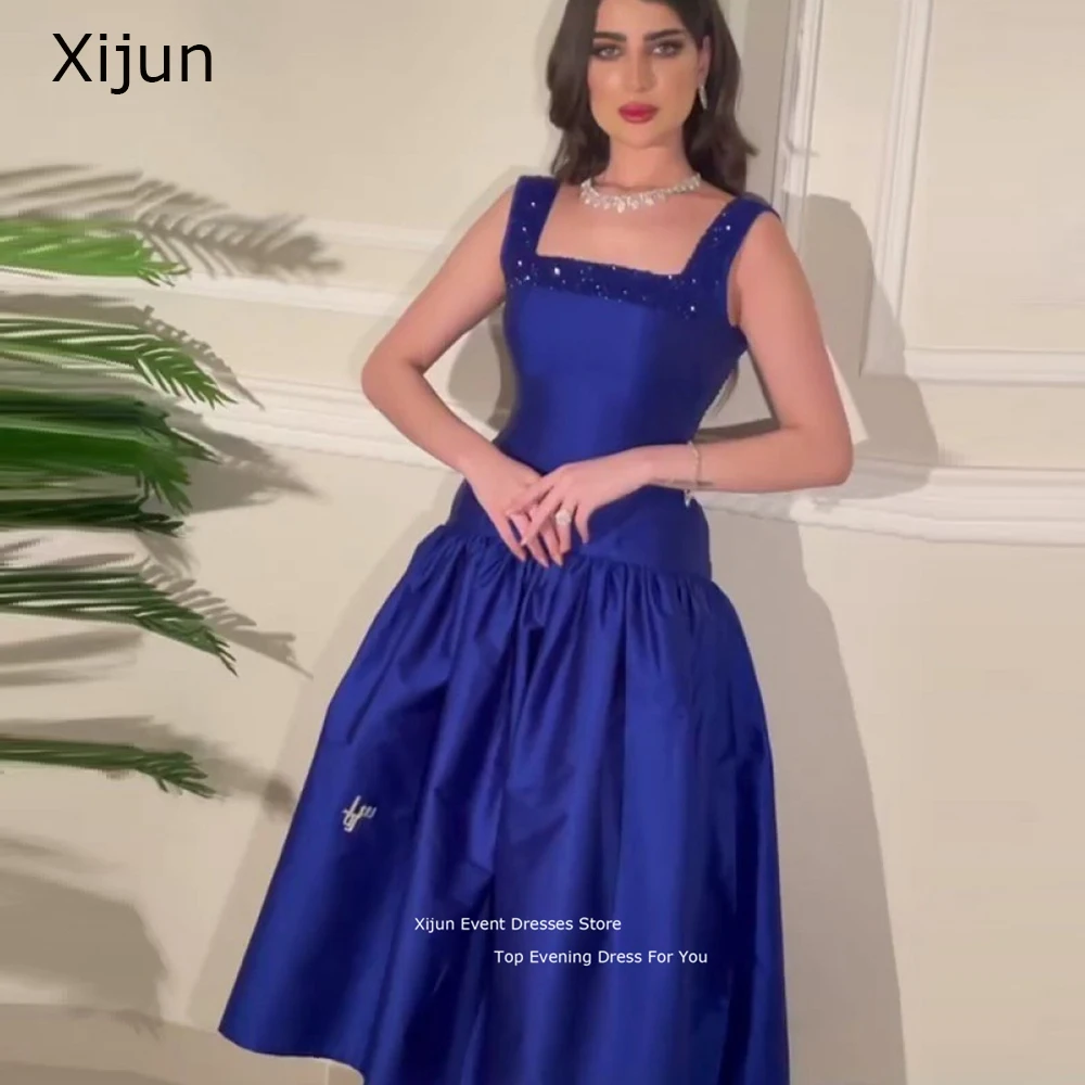 

Xijun Royal Blue Prom Gowns Satin Evening Dresses Sequined Prom Dress A-Line Formal Occasion For Women Backless Party Dresses