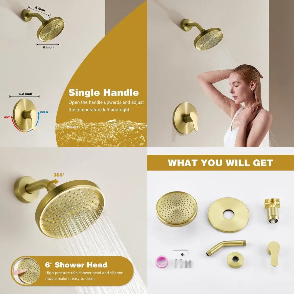 6 Rainfall Shower Head with Brushed Gold Single Handle Faucet and Modern Trim Kit