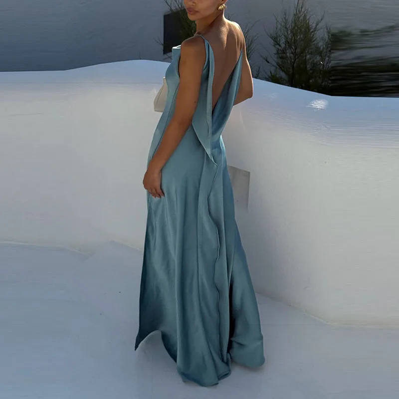 Effen Satijn Slanke Lange Jurk Vrouwen Swing Kraag Onregelmatige Schouderriem Backless Feestjurken 2023 Zomer Dame Zijsplit Gewaden