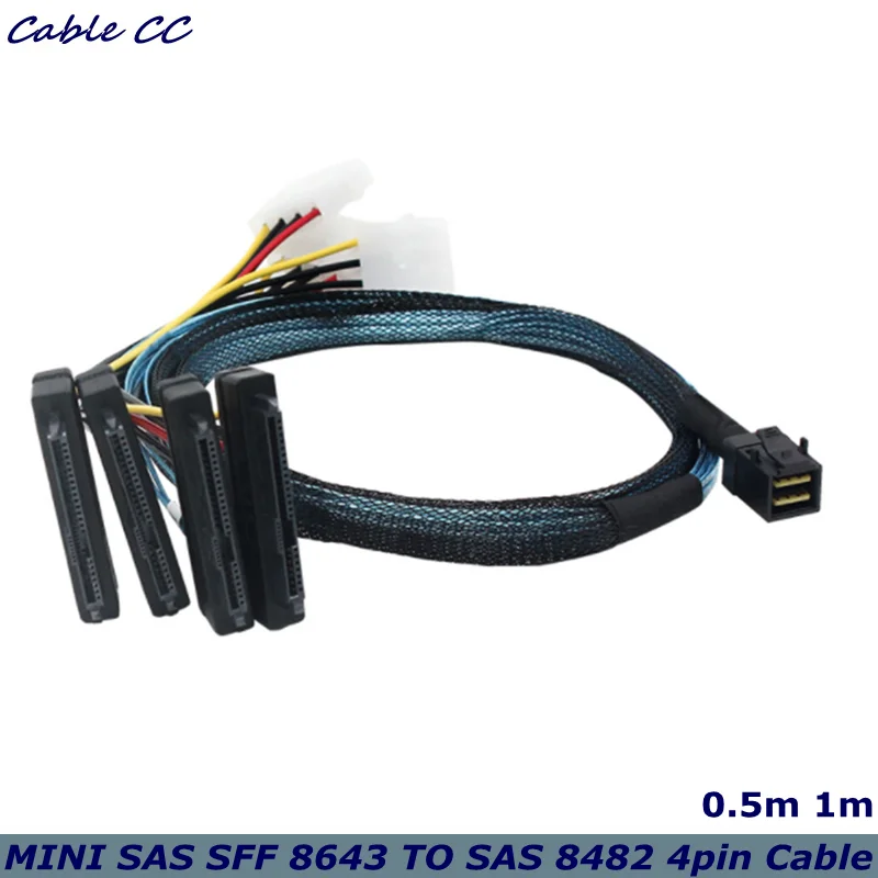 High Quality 0.5m 1m NEW Internal Mini SAS SFF-8643 to (4) 29pin SFF-8482 Connectors with 4 SATA Power Cable