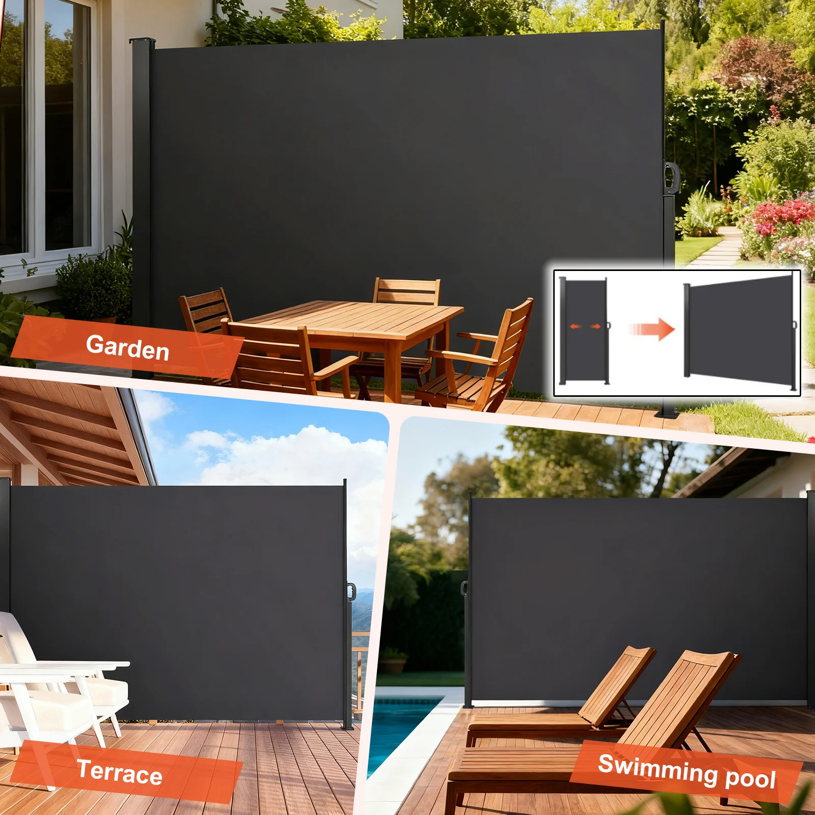 

Etractable Side Awning Outdoor Privacy Polyester UV-Resistant Folding Patio Screen UV 30+ Room Divider Wind Screen for Garden Ba