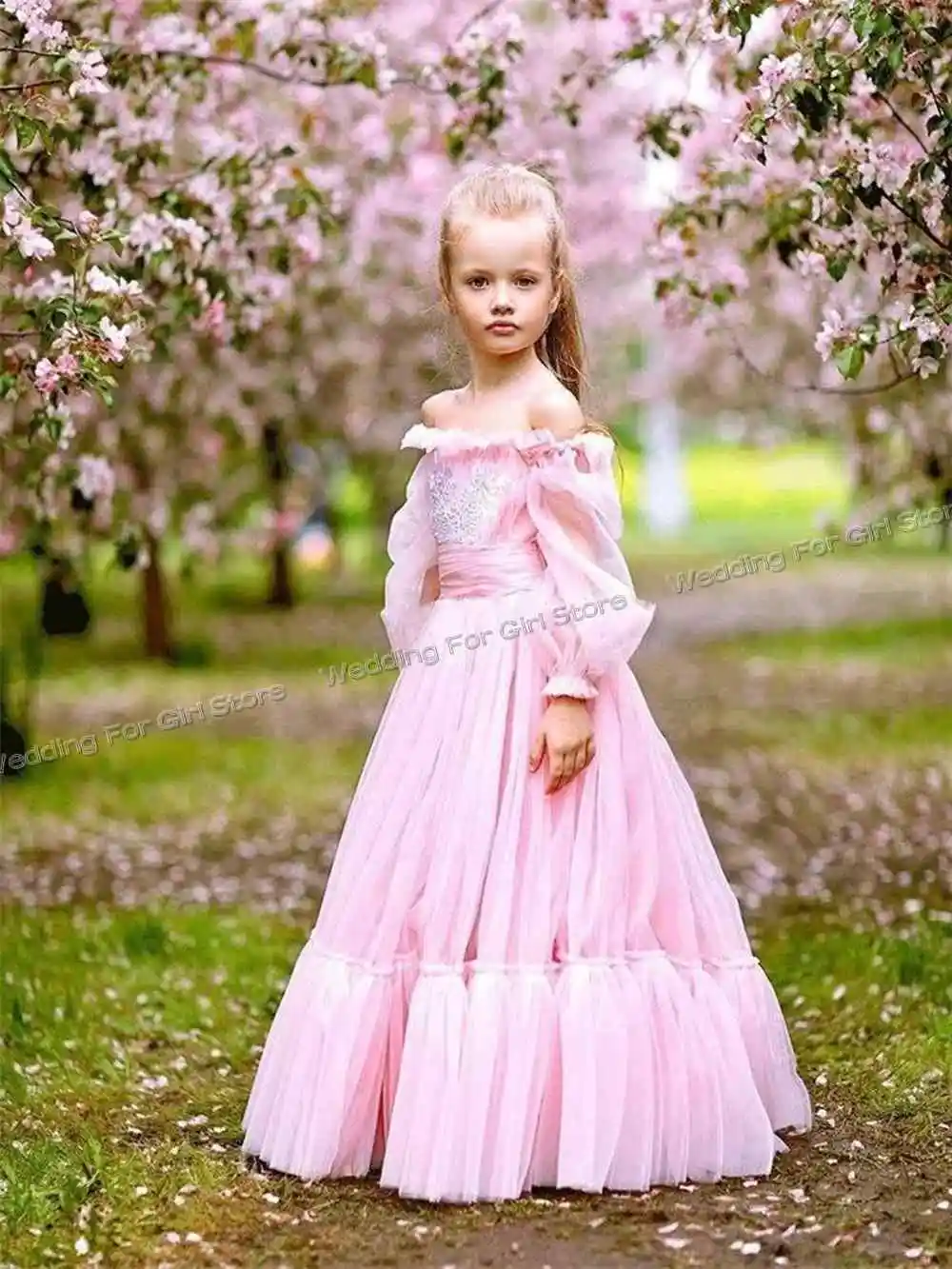 A-Line Pink Flower Girl Dress For Wedding Off Shoulder Princess Girls Birthday Clothes Customize Ruffles Prom Girl Dresses