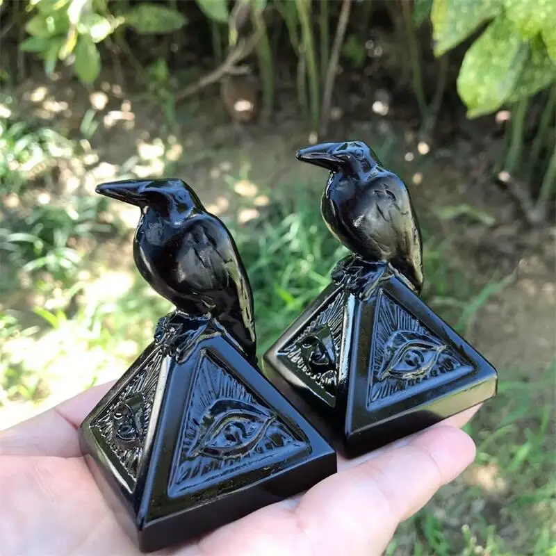 Natural Black Obsidian Pyramid Of The All-seeing Eye Crow Carving Figurine For Christmas Home Decoration Gift 1PCS