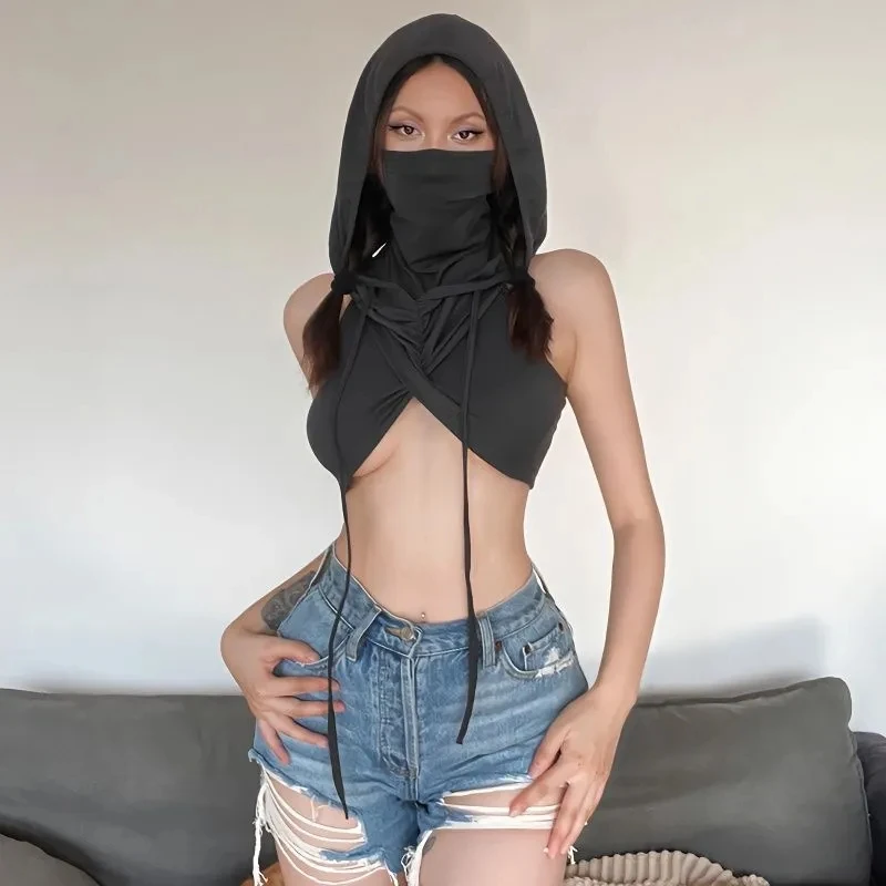 Summer Thin Hooded T-shirt Vintage Wandering Tear Slim Hooded Tank Tops for Women's Sand Dune Mask Short T-shirt Punk Streetwear