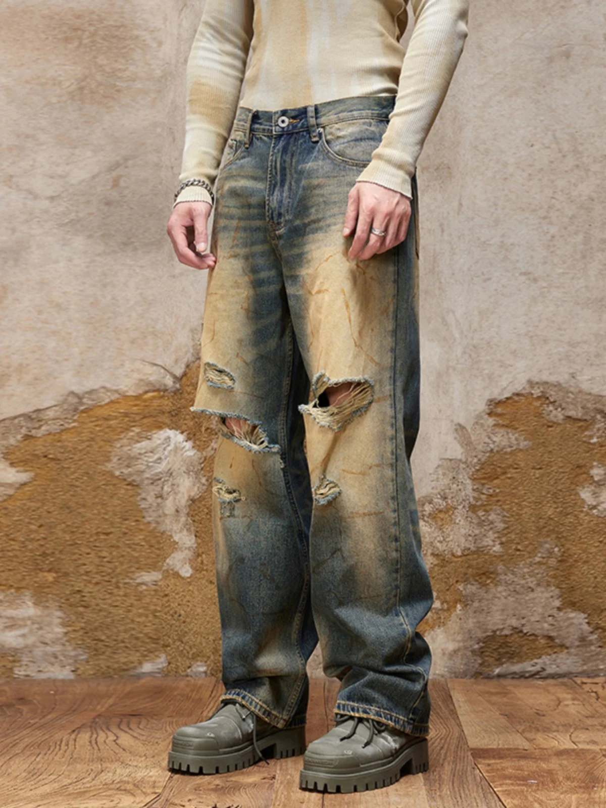

Retro High Street Men's Jeans Distressed Wide Leg Floor Length Casual Straight Cut Denim Pants with Hole Water Washed
