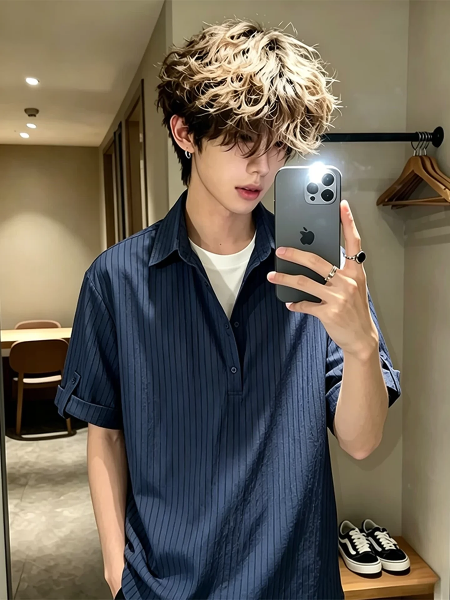 

Men's Summer Neck Short Sleeve Ice Silk Shirt Striped Two-Piece Look CleanFit Style Breathable Lightweight Polyester Nylon