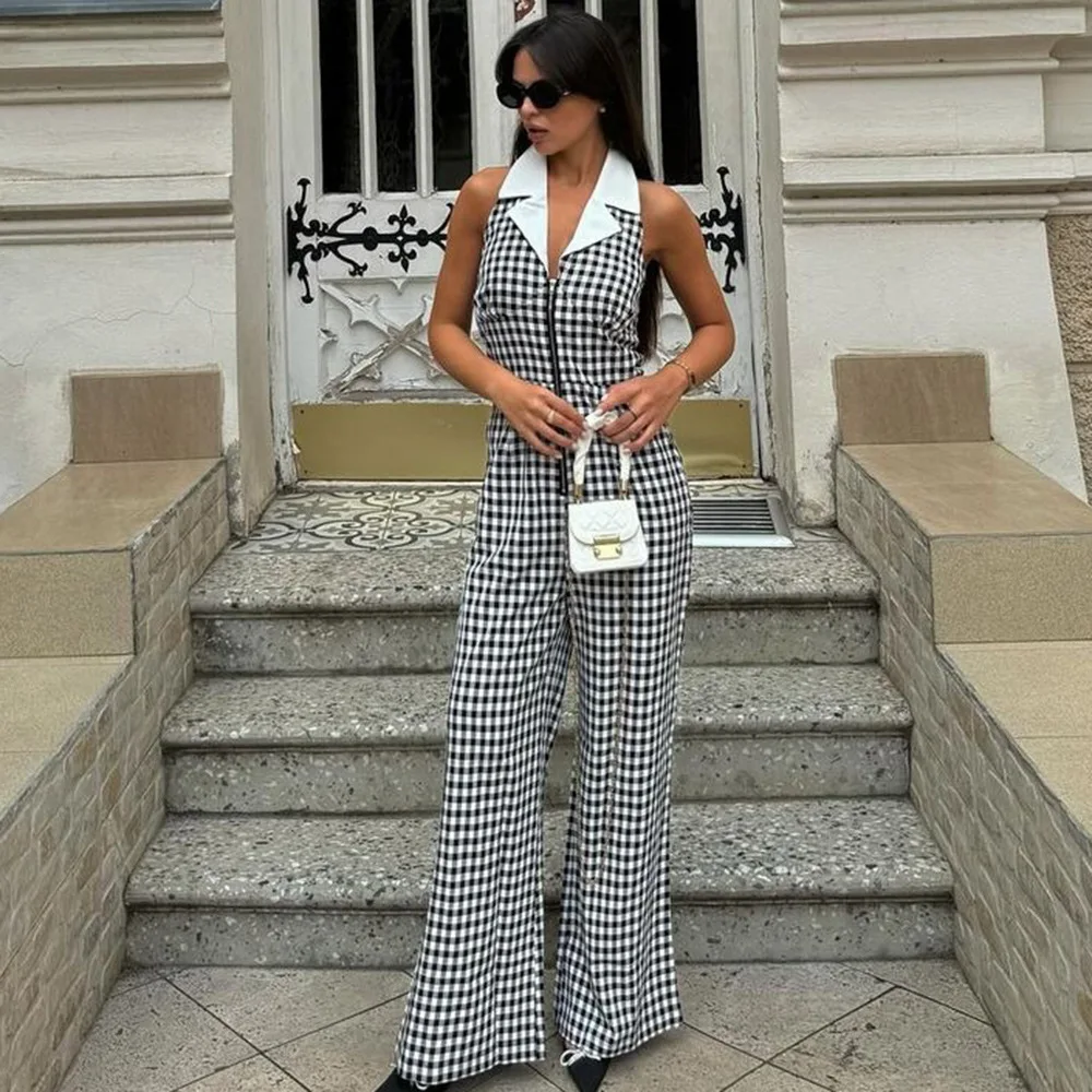 

Women's Jumpsuit Sexy Backless Fashion 2025 Spring Summer Hollow-out Loose Waist Shirt Collar Zipper Plaid Printed Women Rompers