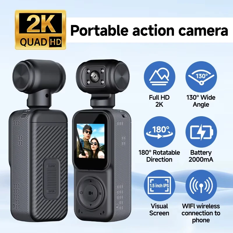 

Портативная экшн-камера Full HD 2K с Wi-Fi, ночным видением и углом обзора 180° ° Поворотные карманные камеры для велосипедов и мотоциклов