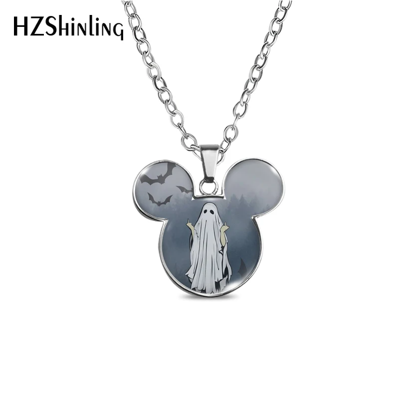 2023 Happy Halloween Ghost Mouse Head Shaped Necklace Glass Dome Cabochon Pendant Necklace Fashion Jewelry