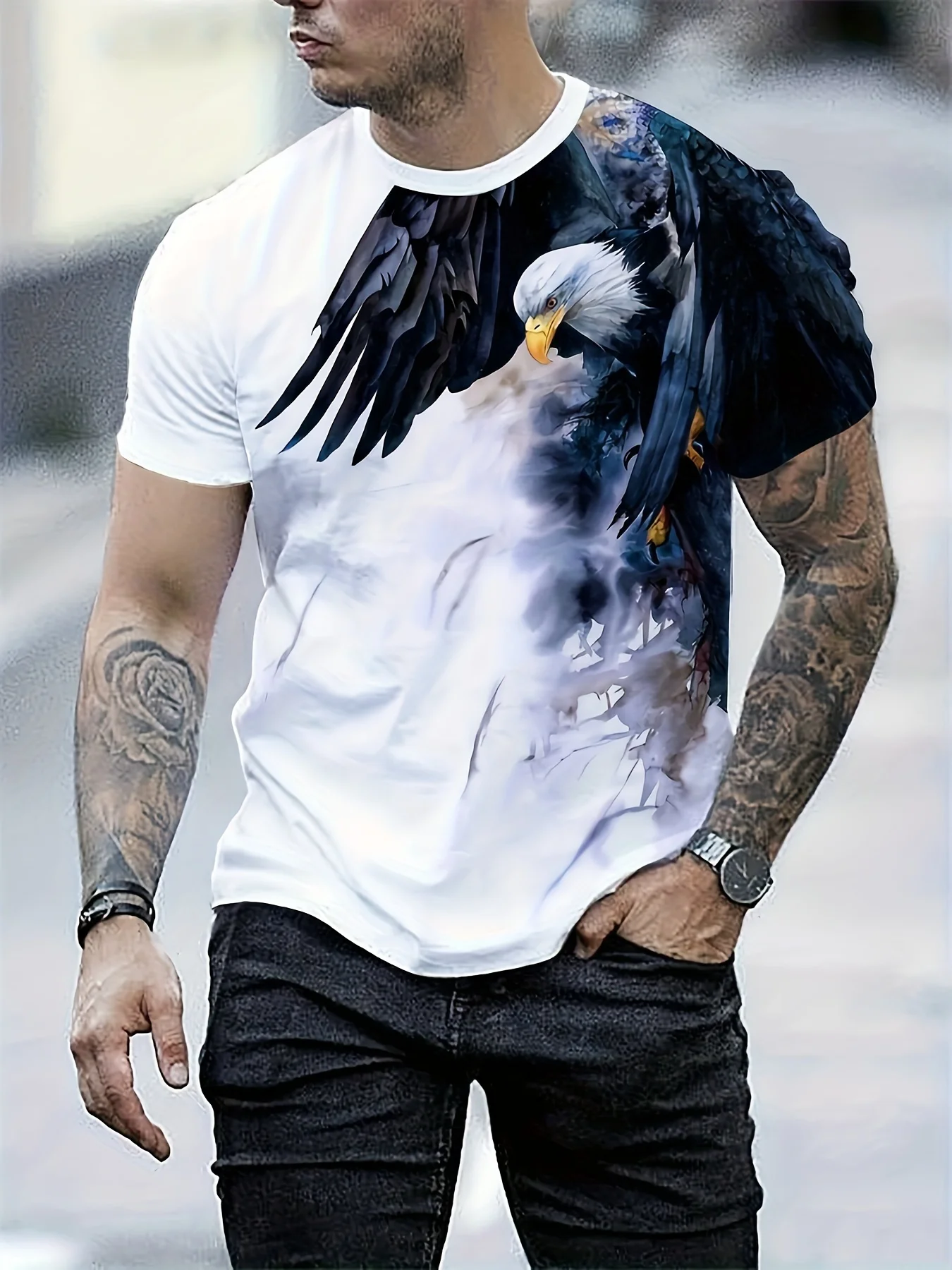 

Men's Summer Fashion Number Eagle and Watercolor Marker Pattern Round Neck Short Sleeve T-Shirt Fashionable Casual Top