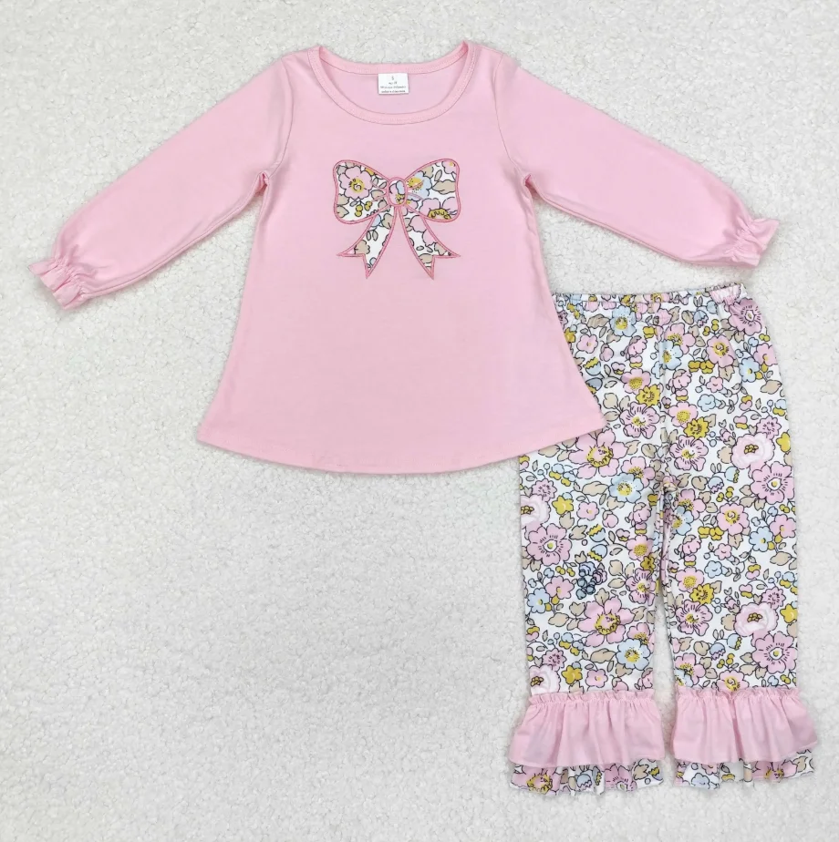 

RTS infant girls new fall suit boutique embroidered bow floral pants children girls pink set