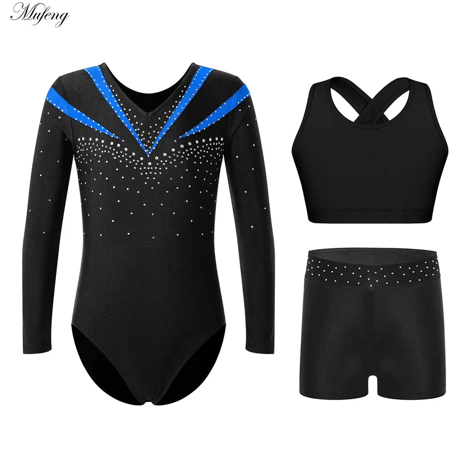 Girls Gymnastics Leotards Balle Dance Outfit Bronzing Long Sleeve Jumpsuit with Cross Back Vest Crop Top Shorts Performance Sets