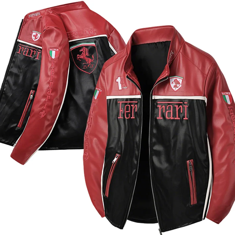 Pour Ferrari Racing Suit Veste de moto Veste d'automne et d'hiver en cuir brodé pour hommes et femmes Vestes décontractées américaines