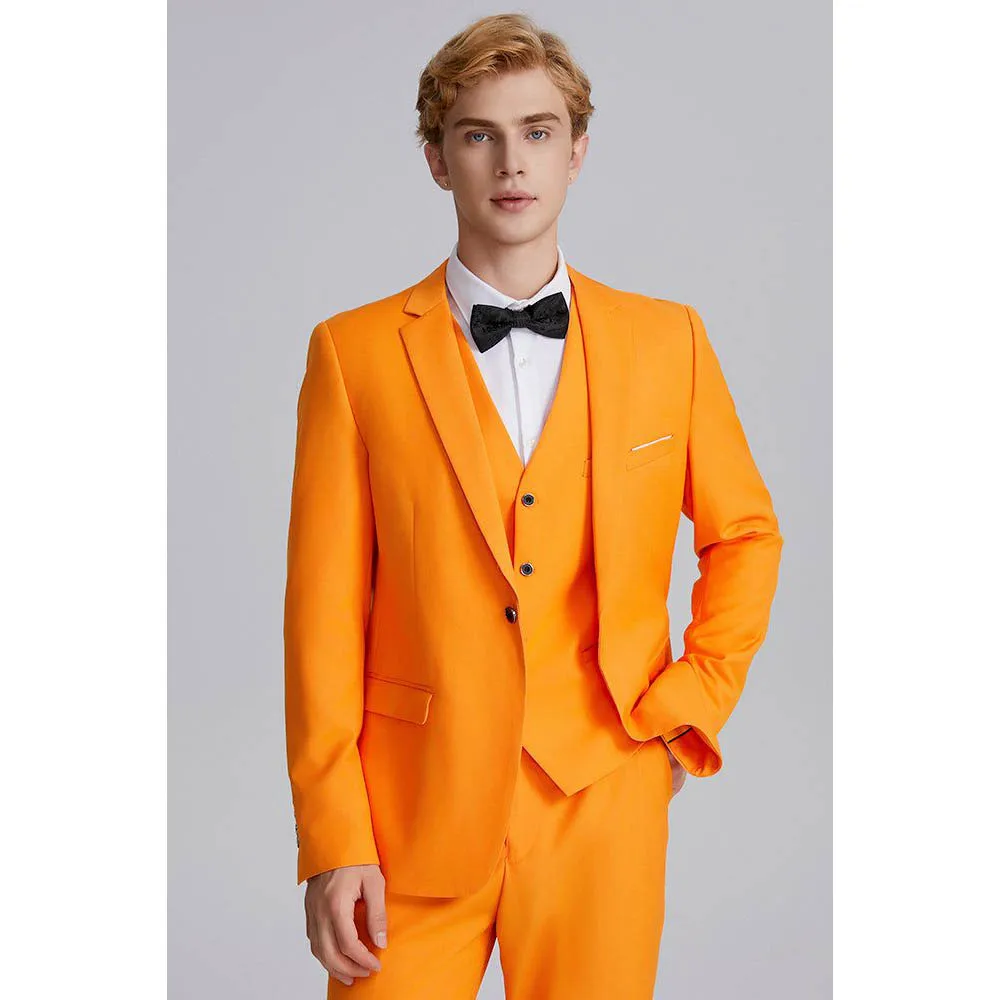 

Summer Orange Men Suits Flat Front Single Breasted Notch Lapel Skinny 3 Piece Jacket Pants Vest Formal Prom Party Full Set Terno