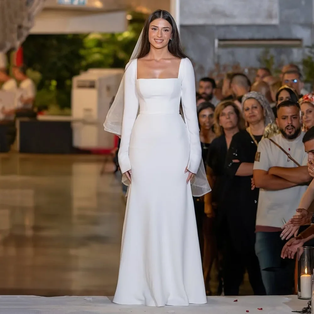 

Elegant Wedding Dress 2026 Square Neck Long Sleeves Mermaid Soft Satin Bridal Bride Gown Vestidos De Noiva