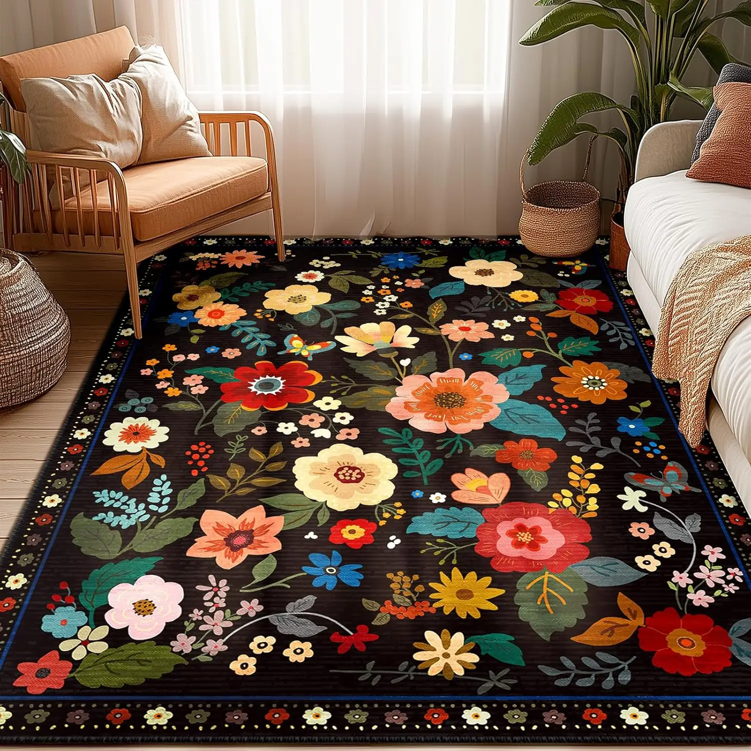 

Crystal velvet carpetFloral Area Rug Machine Washable Soft Print Boho Carpet Non Slip Doormat Low Pile Flower Area Rugs for
