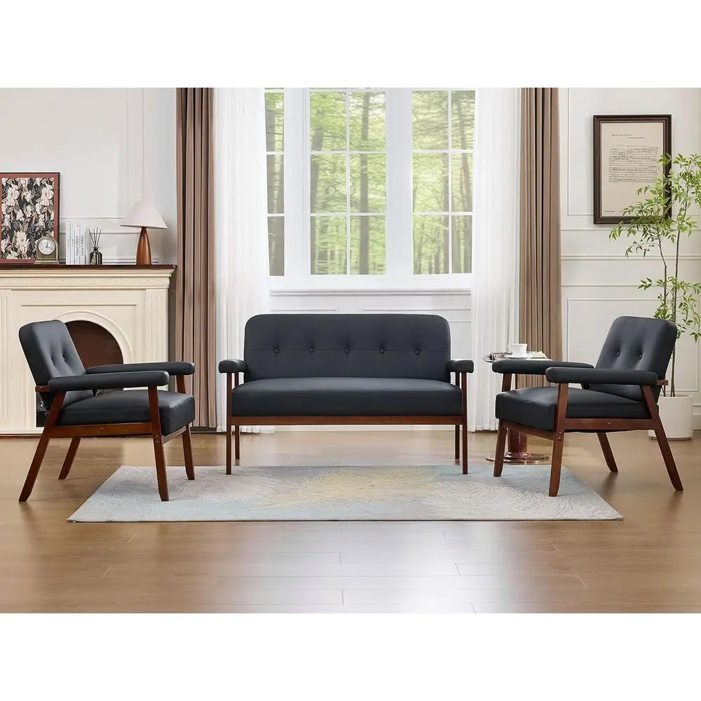 

Modern Leather Loveseat Sofa and Accent Chairs, 3-Piece Living Room Furniture Set with Wooden Arms