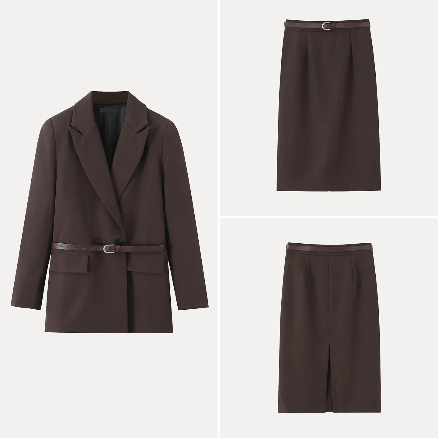 

Зимний женский модный костюм 2025: пальто с длинными рукавами и юбка с двойным поясом, комплект с завышенной талией на пуговицах, повседневная рабочая одежда