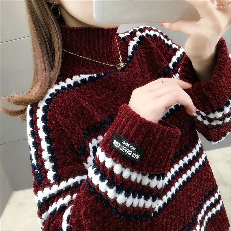 Women\'s Loose Fit Long Sleeve Sweater Solid Color Pullover High Neck Spliced Stripes Casual Tops Fashion Autumn Winter