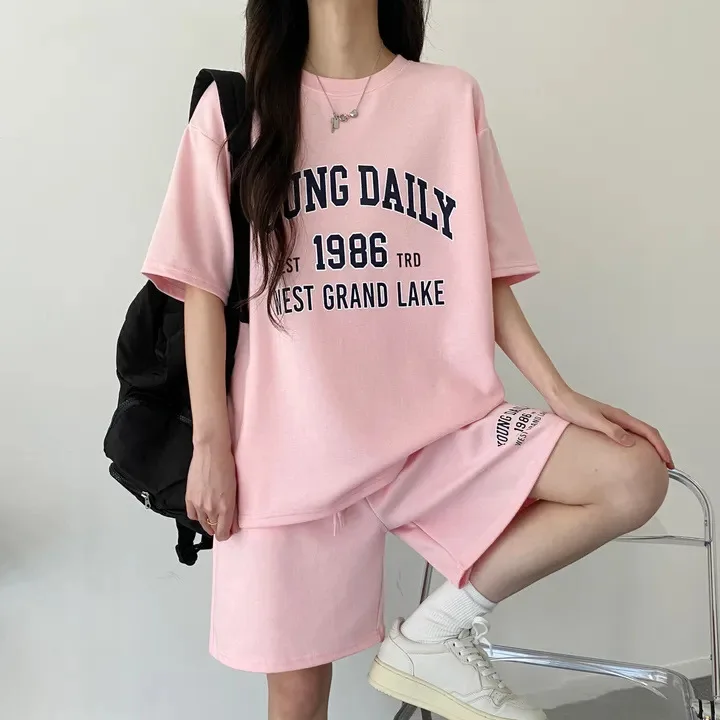 Estate alla moda coreana donna casual sport 2 pezzi pantaloncini larghi set moda cotone dimagrante girocollo manica corta 2 pezzi abiti