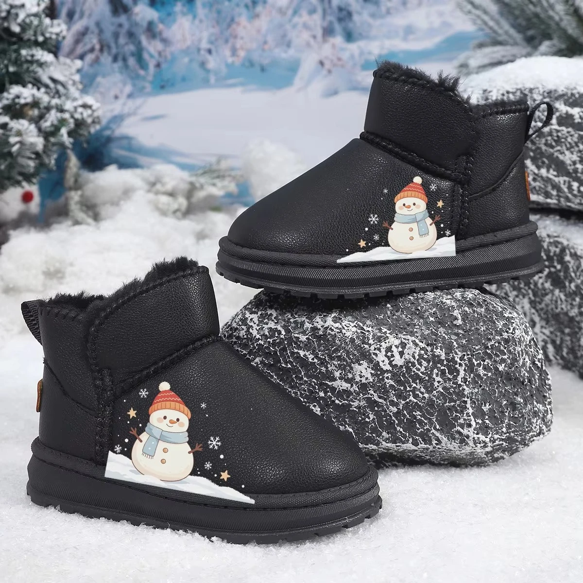 Children Snow Boots Plush Fleece Lined Children Warm Boots Cute Snowman Non-Slip 2026 Ankle Booties for Boys Girls