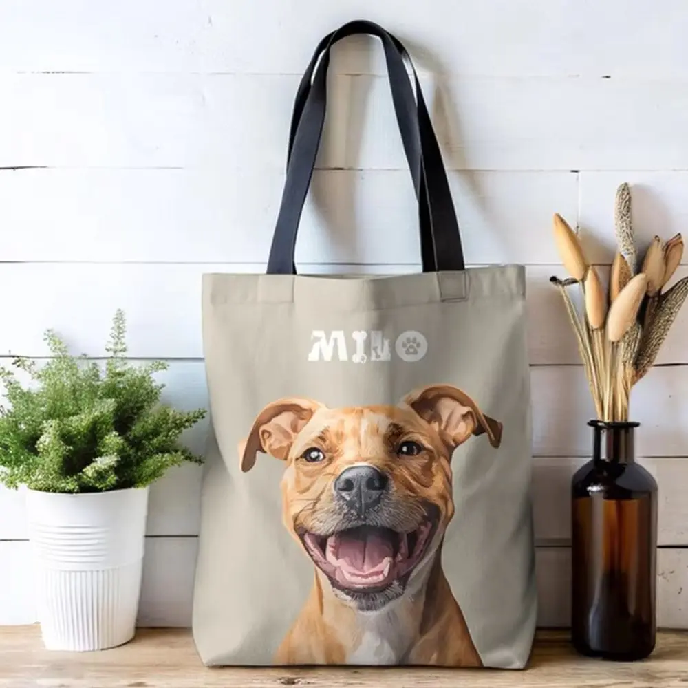 

Canvas Tote Bag Custom Personalized Cotton Beach Shopping Bag Pet Photo Name Print Reusable Handbag Dog Cat Gift