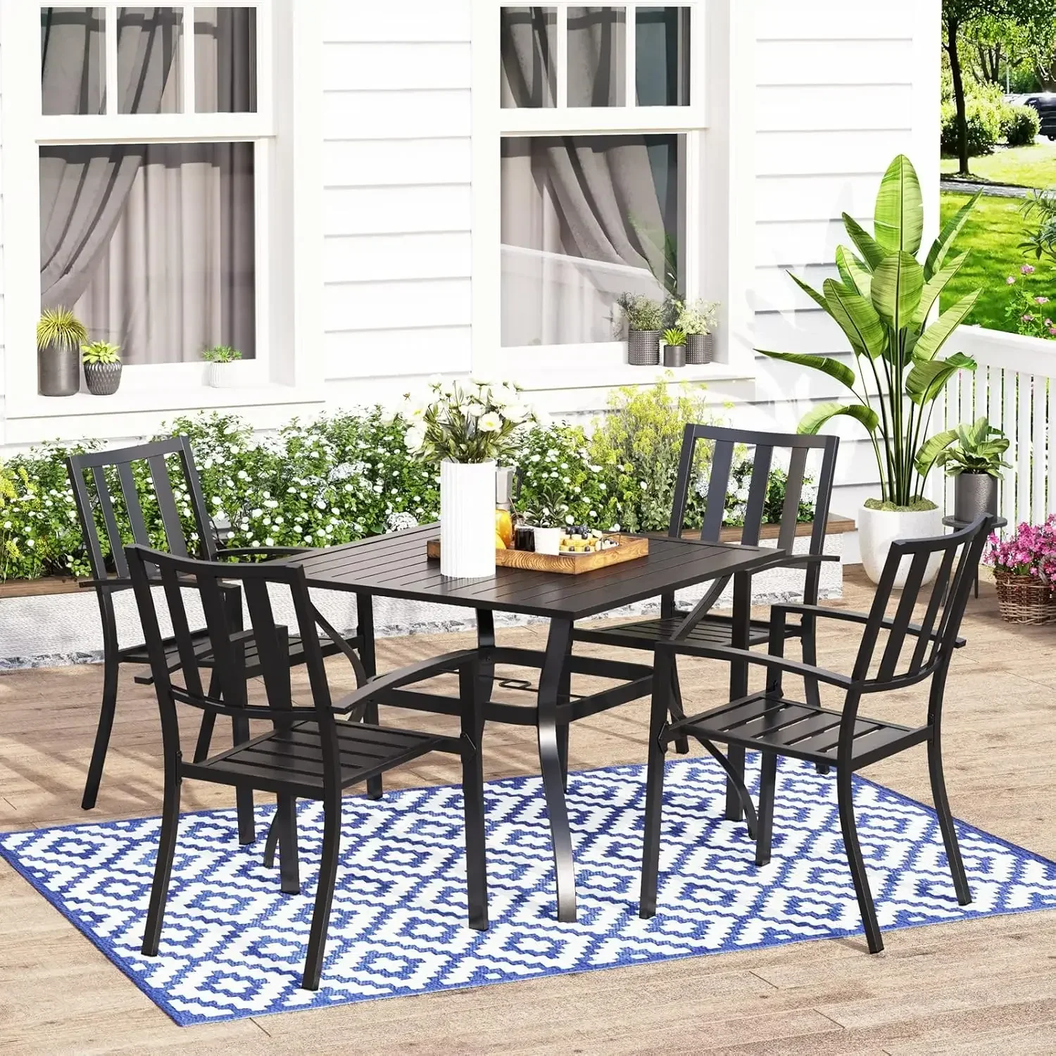 4 Garden Backyard Metal Chairs and Larger Square Patio Table, Steel Slat Frame, Black …