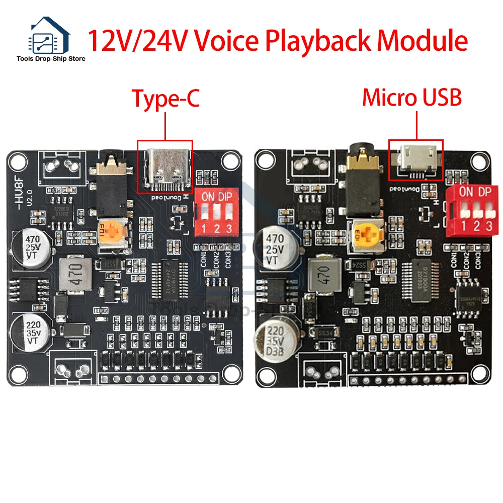 

12V/24V Voice Sound Playback Module MP3 Player Module One-To-One Serial Port Control 10W/20W Micro USB Type-C Amplifier Board