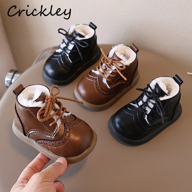 

New Solid Children Fashion Boots PU Leather Warm Boots For Baby Boys Girls Winter Plush Lace Up Soft Non Slip Infant Kids Boots