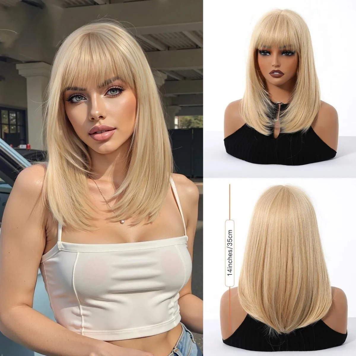 

Medium Length Blonde Synthetic Wigs for Women Wigs With Bangs Natural Blonde