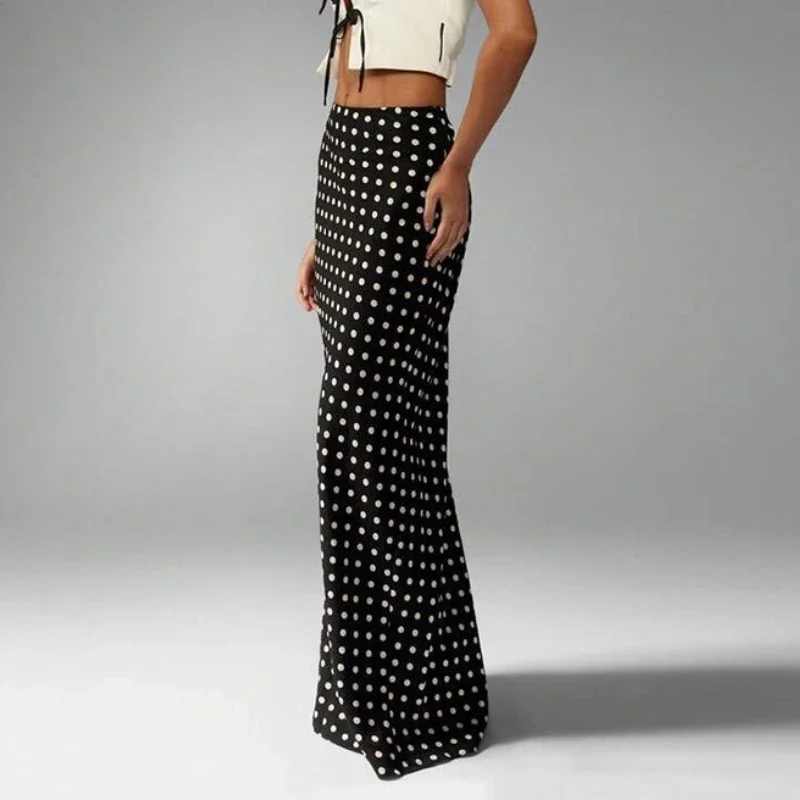 Slim Polk Dot Long Skirt Black Chic Elegant Vintage High Waist Street Maxi Skirts Office Lady Commute Streetwear 2025 Casual