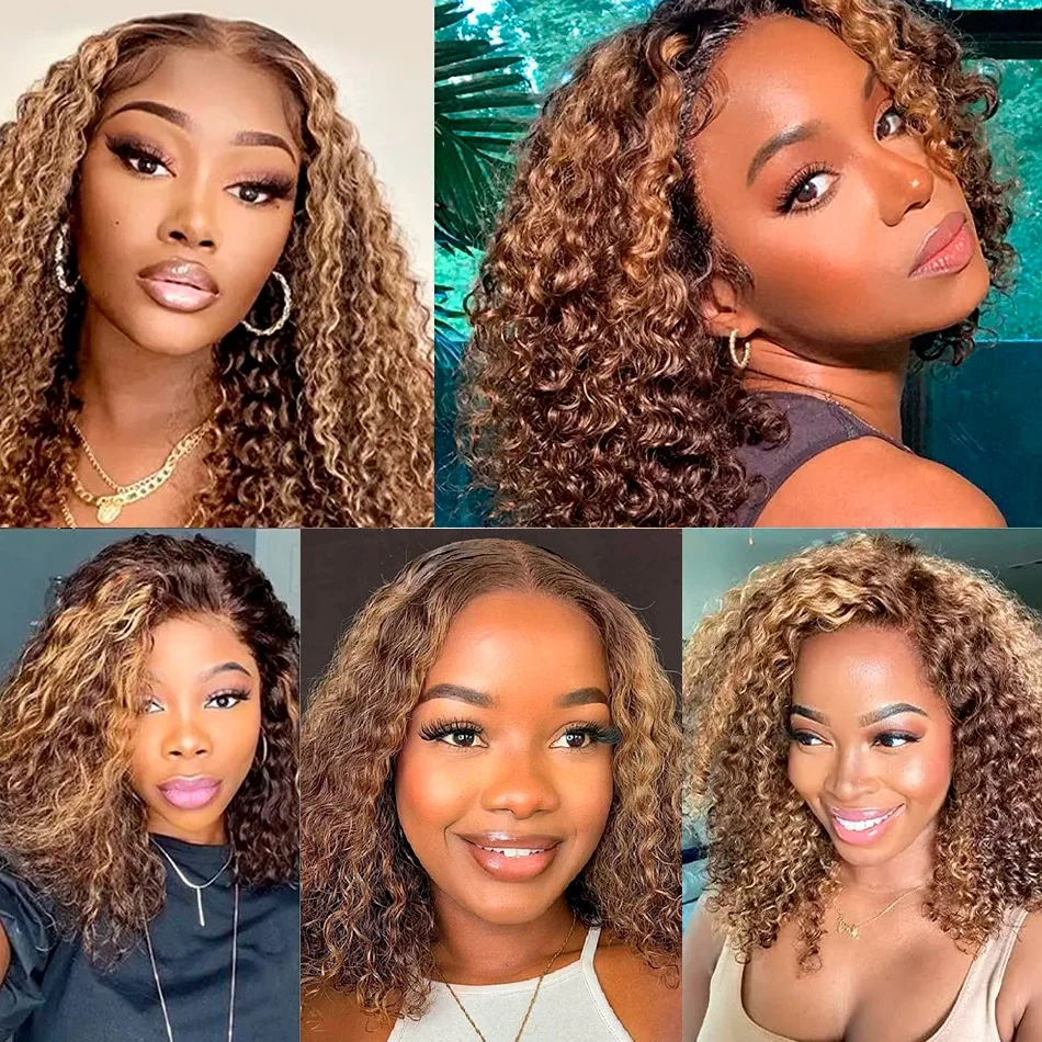 Highlight Bob Wig Honey Blonde 13x4 Lace Front Wigs 100% Human Hair Short Curly Bob Wigs Pre Plucked Water Wave Lace Bob Wig