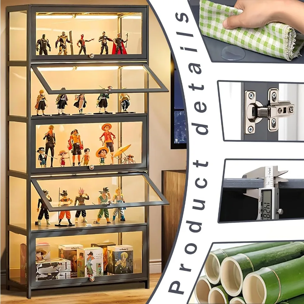 5-Tier Bamboo Display Cabinet with Acrylic Doors for Collectible Figures and Kids' Items