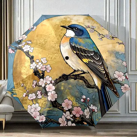 "Bird on Cherry Blossom Branch with Golden Moon Background" Portable Folding Umbrella, Gift for Family And Friends