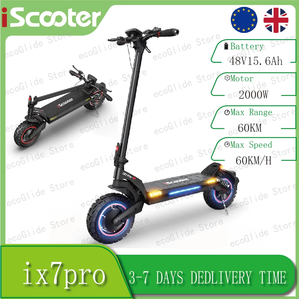 Trottinette électrique iScooter iX7 Pro : Moteur double 2000W, batterie 48V 15.6Ah, 60 km/h, pneu tout-terrain 10 pouces avec application, trottinette électrique pliable