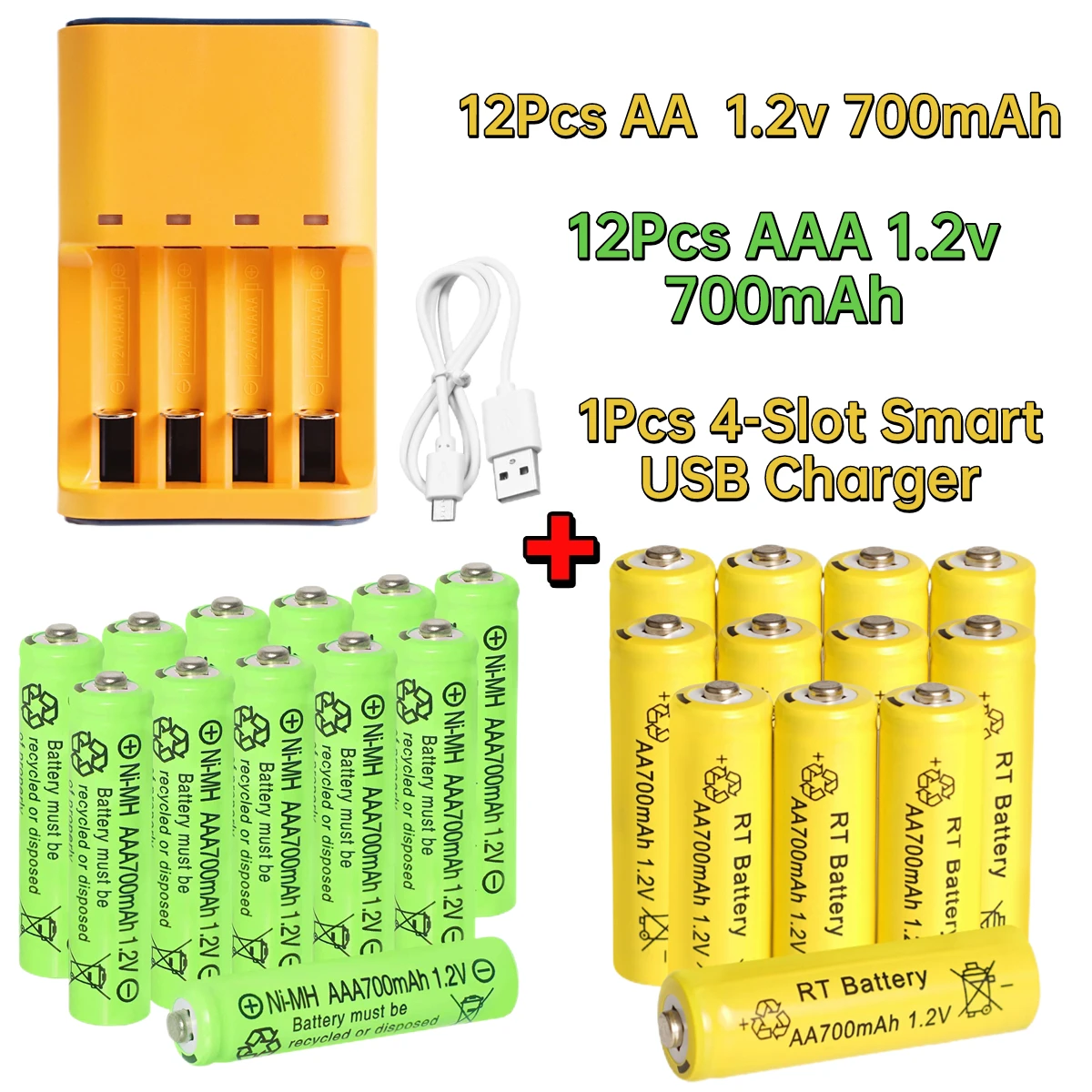 Skywolfeye 12Pcs AA & 12Pcs AAA Battery 1.2V Ni-MH Rechargeable Batteries with USB 4-Slot Charger for Solar Lights&Home Devices