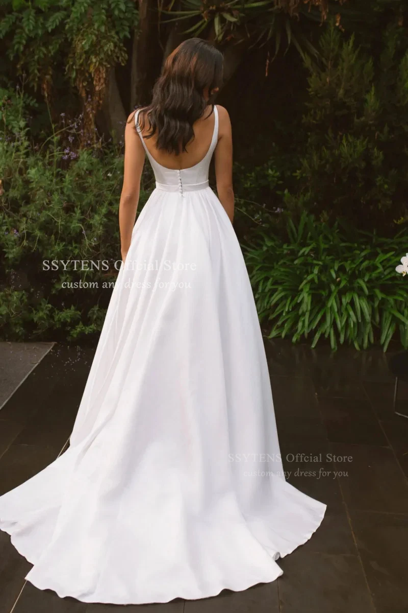 Ssytens elegante marfim uma linha vestido de casamento gola quadrada até o chão vestido de noiva sem mangas pregas cetim varredura trem personalizado