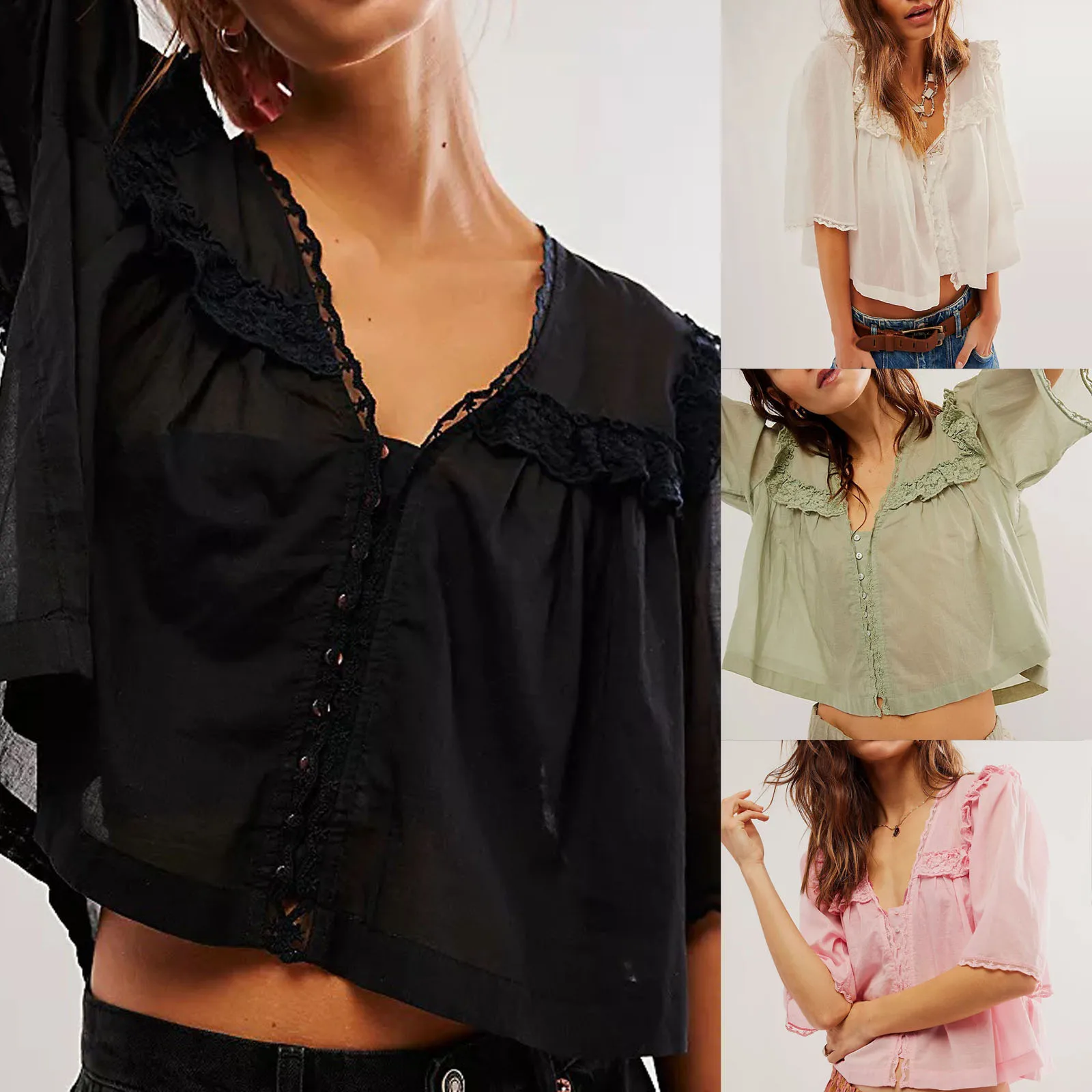 Women Ruffles Lace Shirts 2024 New Fashion Loose Casual Tops Streetwear Buttons Short Sleeve Blouses for Summer