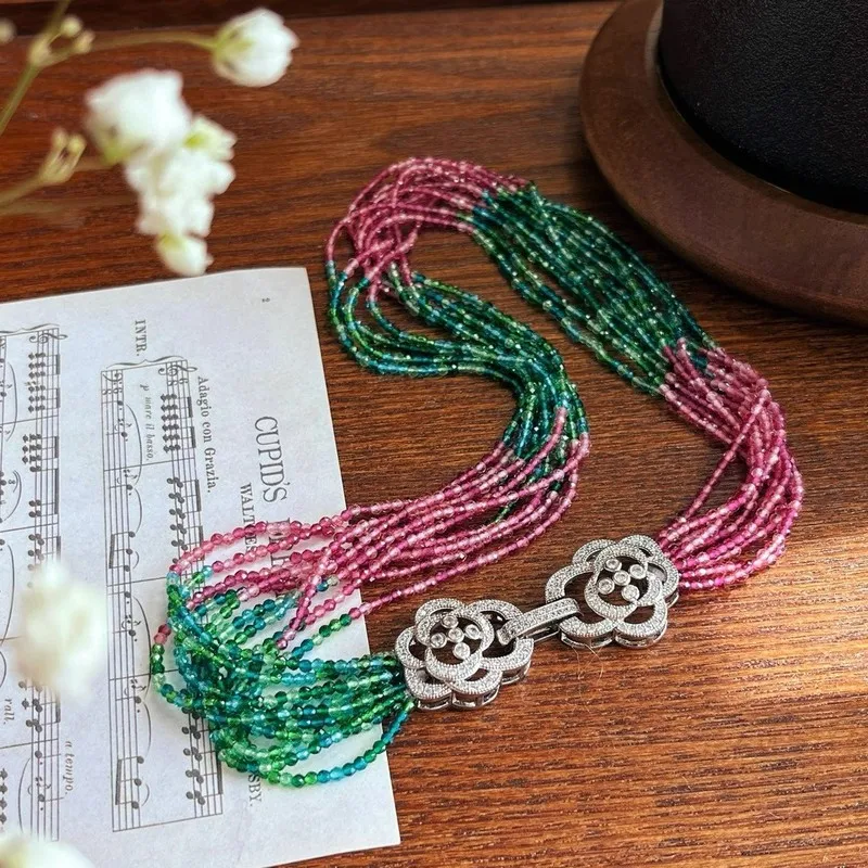 Original handmade multi-layered crystal necklace with a relaxed design perfect for layering Red and blue color combination