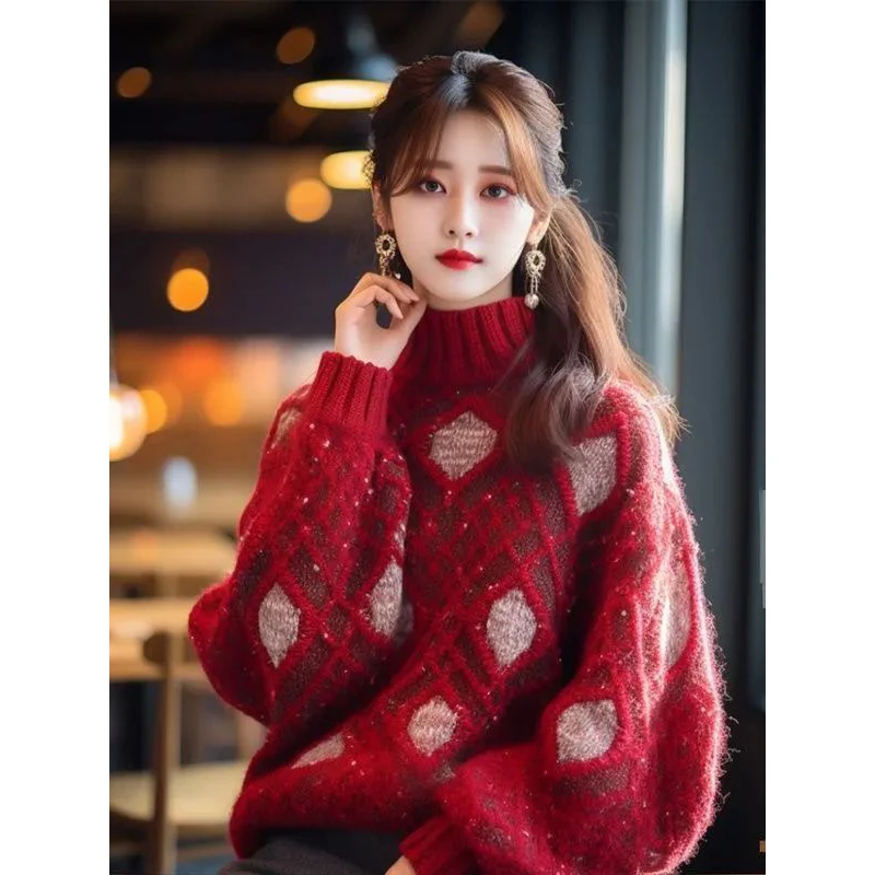 Roter Mock Neck Sweater Frauen Herbst Winter Einfachheit Büro Dame lose warme Strickwaren Mode All-Match Temperament Strick oberteile