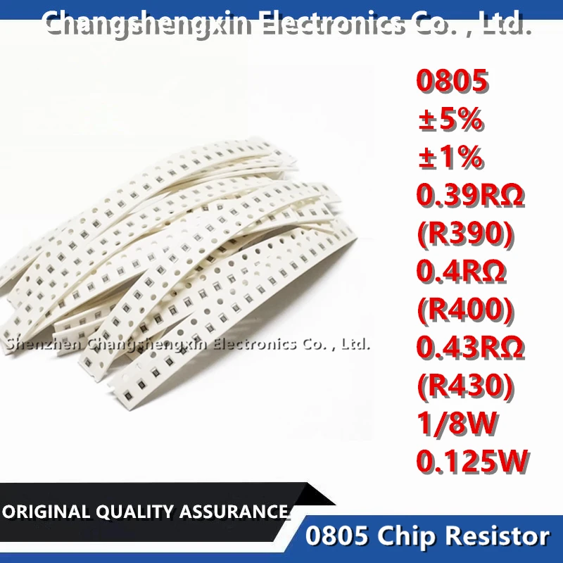 50PCS 0805 SMT Chip Resistor Tolerance ±5% ±1% Resistance 0.39RΩ 0.4RΩ 0.43RΩ Ohm screen printed R390 R400 R430 1/8W 0.125W