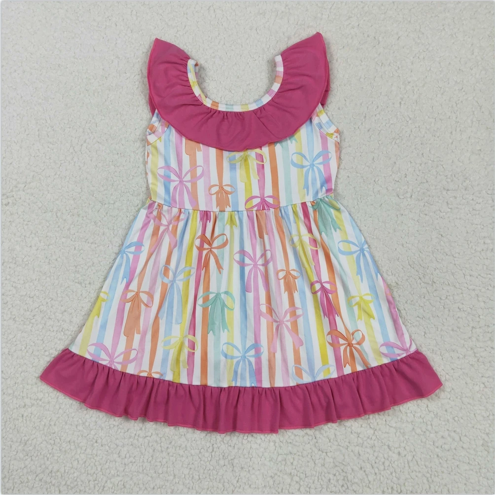 

New Fashion Kids Designer Clothes Girls Colorful Stripe Bows Knee Length Boutique Baby Girls Short Sleeve Dresses