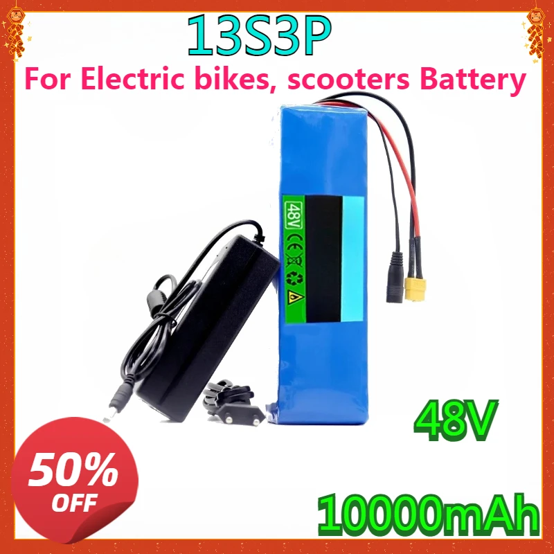 New High-quality 48V 10Ah 500W 13S3P DC&XT60 Lithium Ion Battery Pack Suitable for 48V Motors with BMS+54.6V Charger