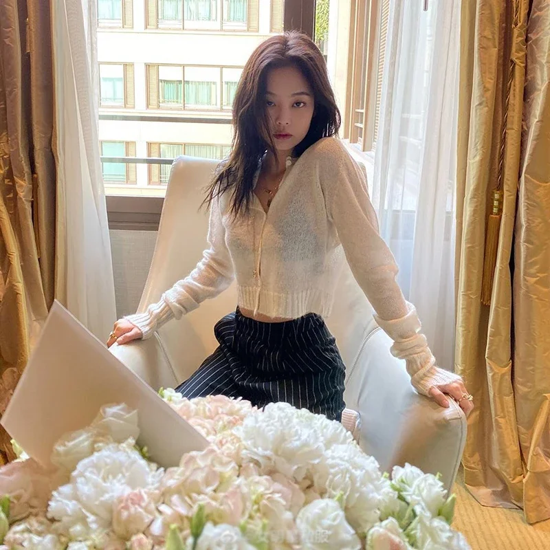 Kpop 여성 가수 재즈 댄서 의상, 흰색 긴 소매 얇은 스웨터 크롭탑, 여성 그룹 의상, 무대 공연 의류