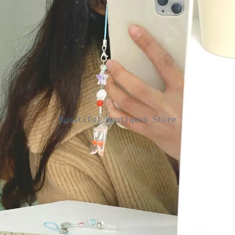 U4LF Beaded Anti-Lost Lanyard with Fish and Sea Theme Charm Handmade Ocean Theme Phone straps