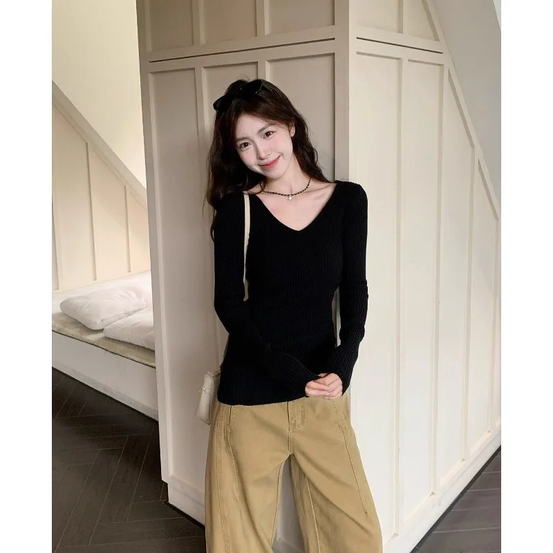 

V Neck Long Sleeved Knitted Women's Girl Clothing Vintage Chic T Shirts Top Korean Style Aesthetic Office Lady Solid Color Tee